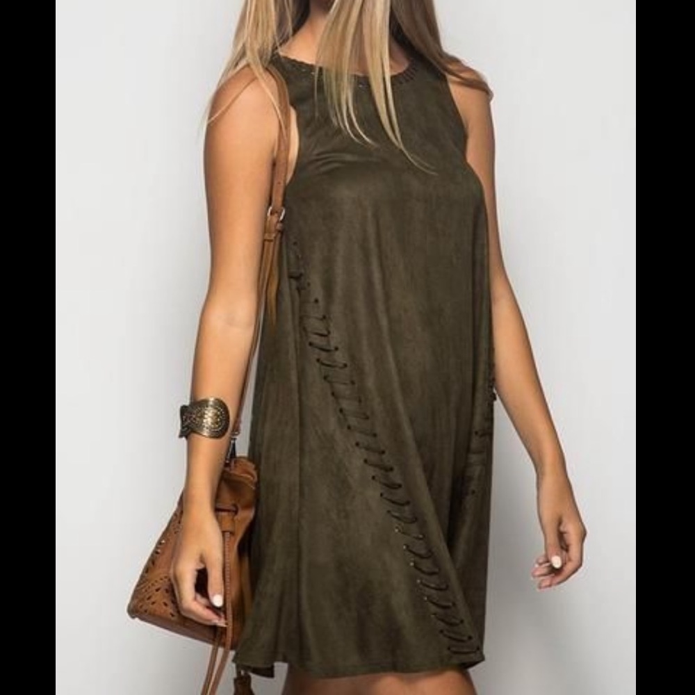NWOT She + Sky- Small Olive Suede Dress with Stitched Detail